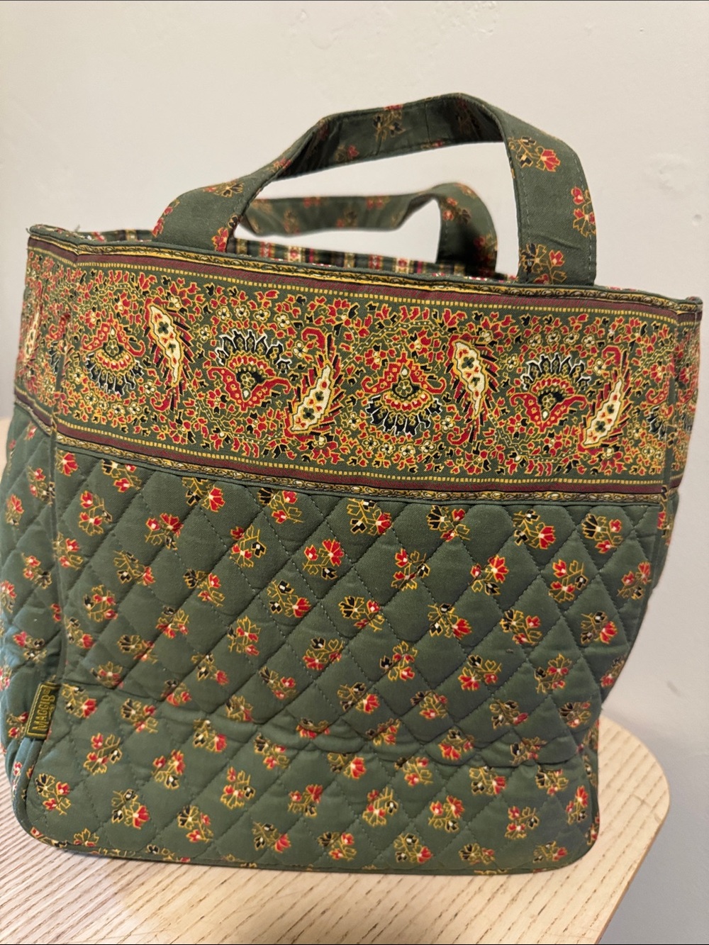 Quilted Floral Tote Bag in Olive Green